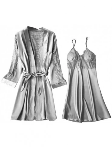 Tops Embroidered Silk lace Nightgown Night Skirt Suit Two Piece Set - Gray - C1199TUZ8IN $47.77
