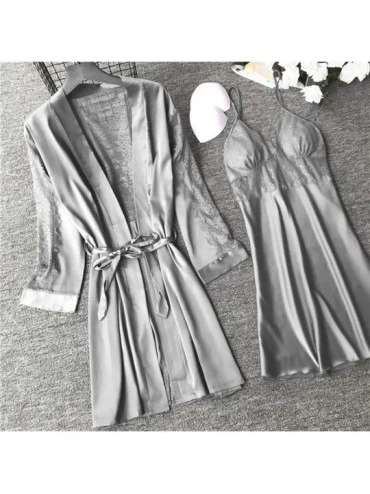Tops Embroidered Silk lace Nightgown Night Skirt Suit Two Piece Set - Gray - C1199TUZ8IN $27.39