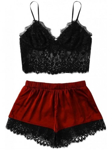 Sets Women's Satin Silk Camisole Shorts Set Sleepwear Pajamas Plus Size Lingerie Sets 2PCS - Wine - CL1963WUZ7E $61.76