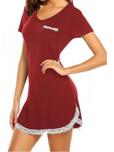 Nightgowns & Sleepshirts Nightgown Womens Sexy Sleep Shirt Dress V Neck Short Sleeve Lace Trim Soft Night Shirts (XS-3XL) - A...