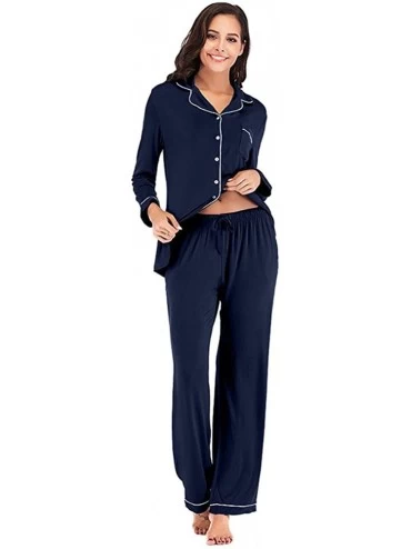 Sets Womens Soft Pajama Sets Cotton Long Sleeve Pajamas for Women Sleepwear Button Down Nightwear Lounge Sets Navy long - CY1...