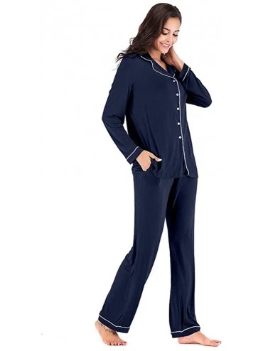 Sets Womens Soft Pajama Sets Cotton Long Sleeve Pajamas for Women Sleepwear Button Down Nightwear Lounge Sets Navy long - CY1...