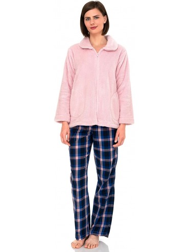 Robes Women's Bed Jacket Zip Front Cardigan Fleece Robe Lounge Coverup - Chalk Pink - CT18Q70SO40 $65.54