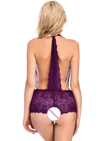 Bras Womens Sexy Deep V Jumpsuit Lace Halter Backless Bodysuit Sleepwear Lingerie - Purple - CF194LMO3M2 $8.57