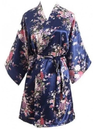 Tops Kimono Belted Thin Short Sleeve Print Slim Fitted Sleepwear - Navy Blue - C4193GCYCYR $21.32