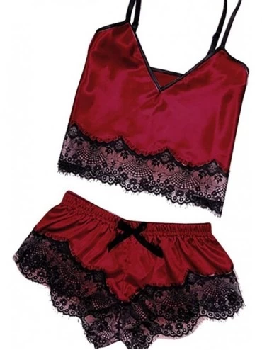 Baby Dolls & Chemises Women Sleepwear Sleeveless Strap Nightwear Lace Trim Satin Cami Top Pajama Sets - H-red - C918UR6CAHR $...