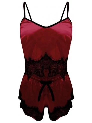 Baby Dolls & Chemises Women Sleepwear Sleeveless Strap Nightwear Lace Trim Satin Cami Top Pajama Sets - H-red - C918UR6CAHR $...