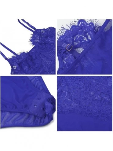 Baby Dolls & Chemises Womens Sexy Lace Teddy Lingerie One Piece Mesh Bodysuit with Underwire - Royal Blue - CW19DYQL32U $13.96
