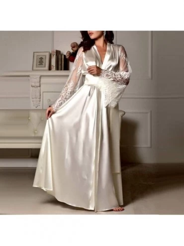 Nightgowns & Sleepshirts Pijamas Women Satin Long Nightdress Silk Lace Bandage Belt Lingerie Nightgown Sleepwear Sexy Robe - ...