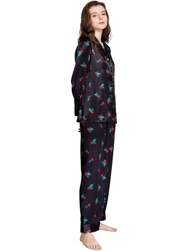 Sets Womens Satin Pajama Set Button Down Sleepwear Long PJS XS-3XL - Lucky Black - CL18WHYOMEE $53.03