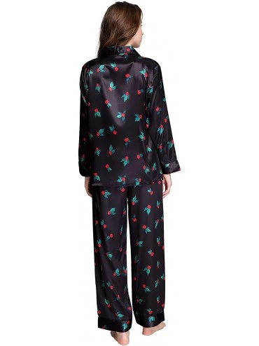 Sets Womens Satin Pajama Set Button Down Sleepwear Long PJS XS-3XL - Lucky Black - CL18WHYOMEE $32.09