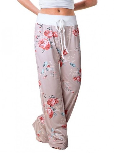 Bottoms Women's Summer Casual Pajama Pants Floral Print Drawstring Palazzo Lounge Pants Wide Leg - Khaki - CN18EGC2WTA $46.28