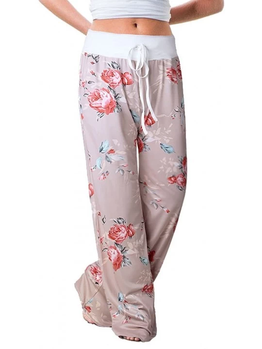 Bottoms Women's Summer Casual Pajama Pants Floral Print Drawstring Palazzo Lounge Pants Wide Leg - Khaki - CN18EGC2WTA $17.63