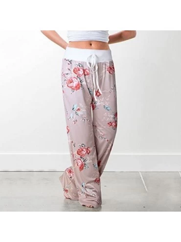 Bottoms Women's Summer Casual Pajama Pants Floral Print Drawstring Palazzo Lounge Pants Wide Leg - Khaki - CN18EGC2WTA $17.63