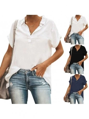 Thermal Underwear Womens Tops V Neck Summer Short Sleeve Button Up Shirts Casual Pleated Tunic Blouses - A-white - CJ197K20QL...