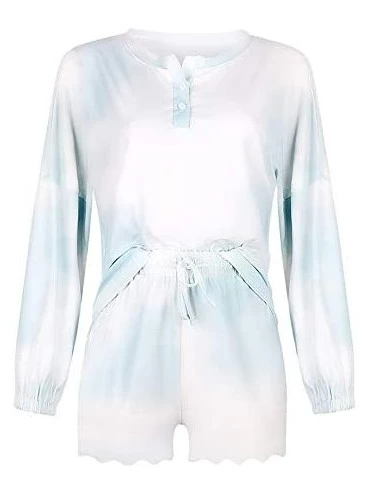 Sets 2 Pcs Women Tie Dye Printed Gradient Leopard Color Pyjamas Long Short Sleeve Top Drawstring Ruffled Shorts Clothes Set -...