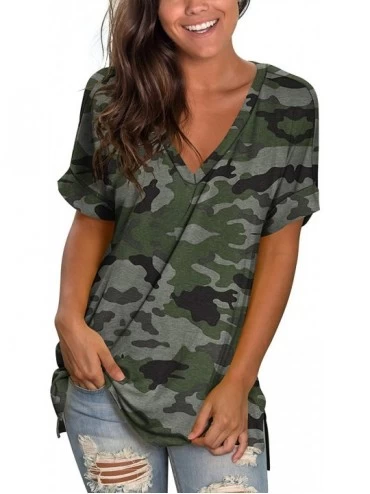 Tops Women's Tshirts Casual V Neck Short Sleeve Loose Summer Tunic Tops - Printed Camo - CK19DNN655T $36.35