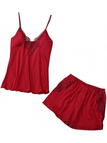 Sets Women's Satin Pajama Cami Set Silky Lace Nightwear 2 Piece Lingerie Short Sleepwear - Silk Lace - Red - CS193A4T28N $23.43
