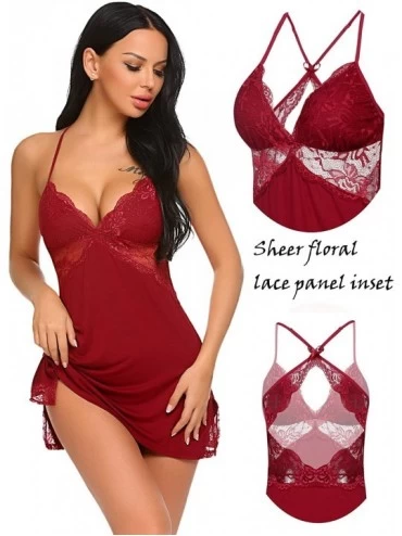 Slips Women Lingerie Lace Chemise Sleepwear Babydoll Teddy Lingerie - Dark Red - CF18I2CH05W $21.94