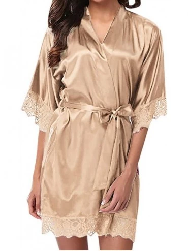 Robes Women's Lady Sexy Lace Sleepwear Satin Nightwear Lingerie Pajamas Suit - Beige - CV195H4MR4D $21.06