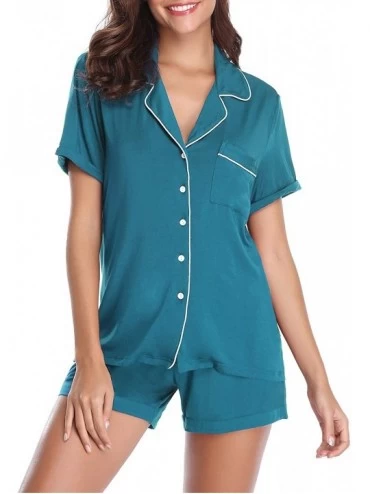 Sets Pajamas Set Women Short Sleeve Sleepwear Button Down Nightwear Soft Pj Lounge Sets with Pockets - Teal - C119626ZQNA $32.55