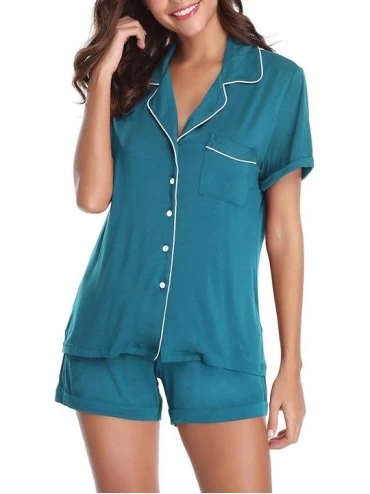 Sets Pajamas Set Women Short Sleeve Sleepwear Button Down Nightwear Soft Pj Lounge Sets with Pockets - Teal - C119626ZQNA $15.64