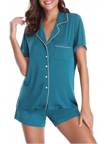 Sets Pajamas Set Women Short Sleeve Sleepwear Button Down Nightwear Soft Pj Lounge Sets with Pockets - Teal - C119626ZQNA $15.64