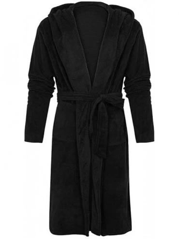 Robes Men's Plush Shawl Bathrobe Home Clothes-Winter Lengthened Long Sleeved Robe Coat - Hoodie Plush Bathrobe-black - C6192W...