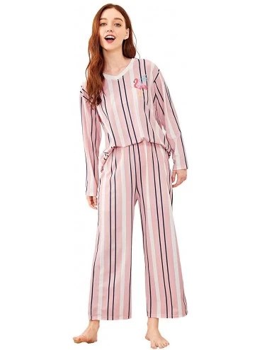 Sets Women's V Neck Long Sleeve Flamingo Print Striped Pajama Set - Pink - CM18LAG3O58 $16.05