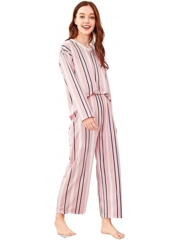 Sets Women's V Neck Long Sleeve Flamingo Print Striped Pajama Set - Pink - CM18LAG3O58 $16.05
