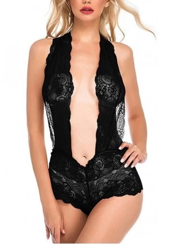 Accessories Sexy Lingerie-Women Mini Teddy Lace Halter Sleepwear Strap Chemise Deep V Babydoll - Black - C81940C8D58 $12.33