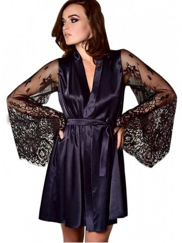 Robes Women's Short Kimono Robe Nightwear Floral Lace Stitching Bell Sleeve Nightgown Sleepwear Satin - Navy - CK18O3Z75AQ $2...
