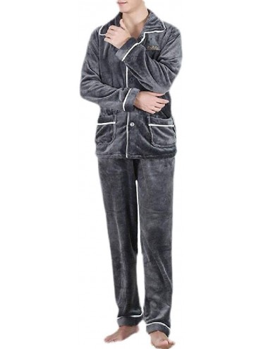 Sleep Sets Men's Long Sleeve Warm Button Up Sleepwear Flannel Pajamas Set - 13 - CX18AA2G2YO $67.81