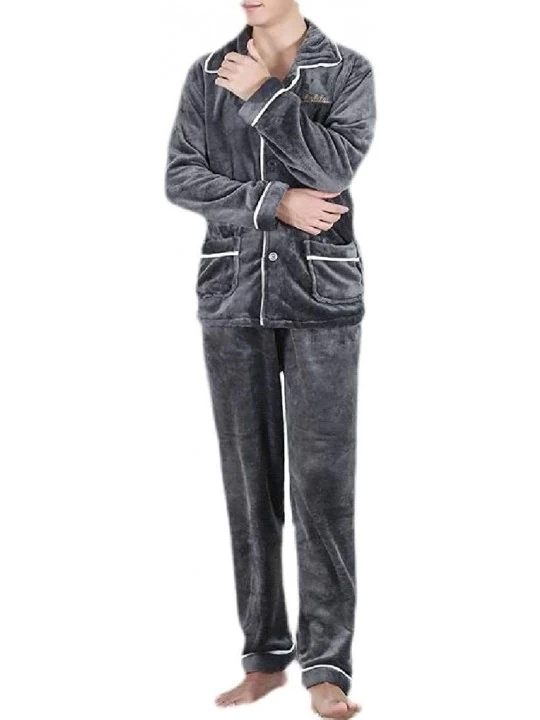 Sleep Sets Men's Long Sleeve Warm Button Up Sleepwear Flannel Pajamas Set - 13 - CX18AA2G2YO $39.70