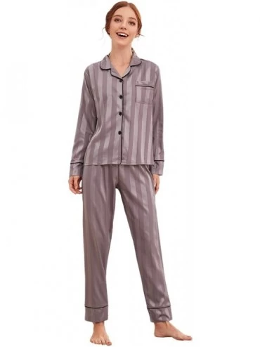 Sets Women's Pajama Set Sleepwear Long Sleeve Button Down Nightwear with Long Pants - Mauve - CT198MUKKNL $20.77