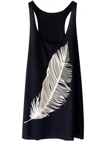 Camisoles & Tanks Women Summer Feather Print Long Vest Fashion Tank Top - Black - CZ18SDKGH9Y $23.79