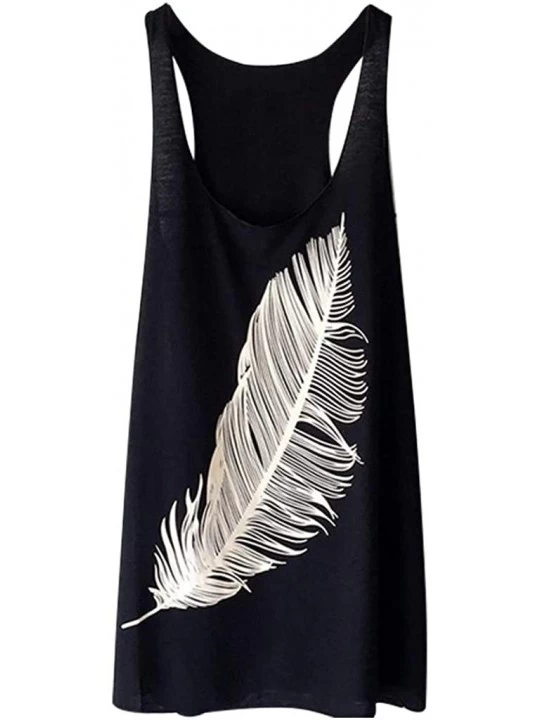 Camisoles & Tanks Women Summer Feather Print Long Vest Fashion Tank Top - Black - CZ18SDKGH9Y $11.33