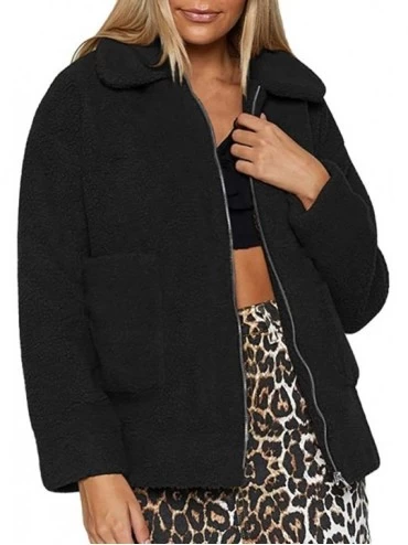 Baby Dolls & Chemises Womens Coat Jacket Warm Faux Fur Solid Lapel Pocket Zipper Coat Cardigan Top - Black - CG18Z0EYW7W $49.00