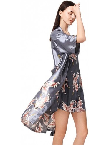 Robes Womens Soft Ice Silk Pajamas Satin Kimono Robes Long Sleepwear Dressing Gown - Gray Wine Long Set - CT198N94GU3 $55.05