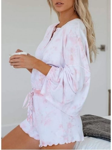 Sets Women Tie Dye Printed Button Down Long Sleeve Short Ruffle 2 Piece Pajamas Set Nightwear Sleepwear Loungewear - 01_light...