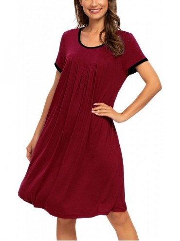 Nightgowns & Sleepshirts Women's Short Sleeve Pleated Scoopneck Sleep Dress Loungewear Nightshirts with Pockets - Wine Red - ...