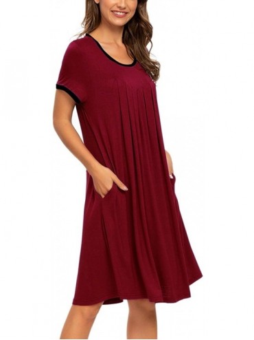 Nightgowns & Sleepshirts Women's Short Sleeve Pleated Scoopneck Sleep Dress Loungewear Nightshirts with Pockets - Wine Red - ...