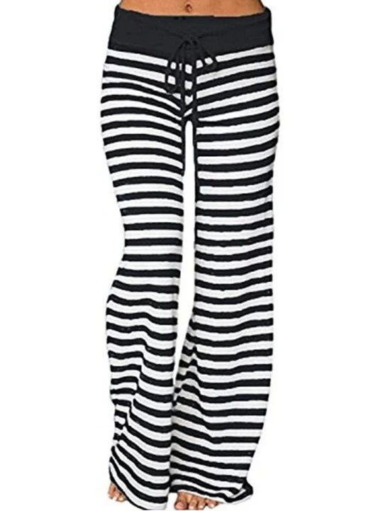 Bottoms Women's Stretch Comfy High Waisted Drawstring Lounge Loose Wide Leg Yoga Pants - Black Stripe - CJ18NYDADXI $21.98