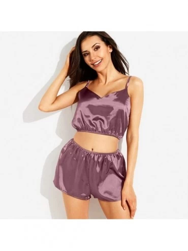 Sets Home Clothing- Solid Silk Short-Sleeved Home Wear Pajamas Casual Top Pant Suit - Purple - CD198E7WK3R $14.85