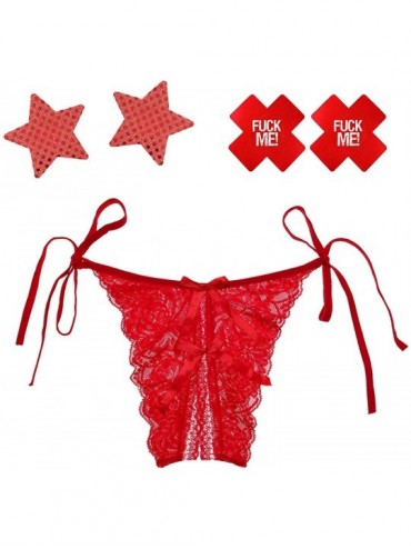 Panties Women's Sexy Side Tie Sexy Lace Panties Underwear - 1 Red Lace Thong + 2 Pair Disposable Pasties - CT19CAL7GC9 $9.65