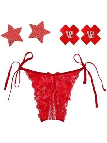 Panties Women's Sexy Side Tie Sexy Lace Panties Underwear - 1 Red Lace Thong + 2 Pair Disposable Pasties - CT19CAL7GC9 $18.58