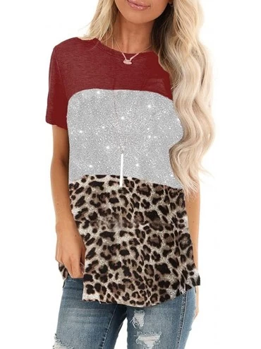 Tops Women Short Sleeve Casual Comfy Leopard Stripe Sequin Tunics Loose Tops Blouse T Shirt - Red - C3196EQNM80 $12.65