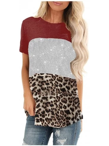 Tops Women Short Sleeve Casual Comfy Leopard Stripe Sequin Tunics Loose Tops Blouse T Shirt - Red - C3196EQNM80 $12.65