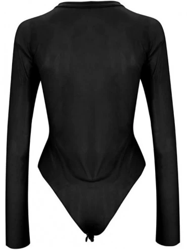 Shapewear Women's Sexy Sheer Mesh Turtleneck Neck See Through Leotard Bodysuit Body Tops Clubwear - Black - CX19459ISIH $14.25