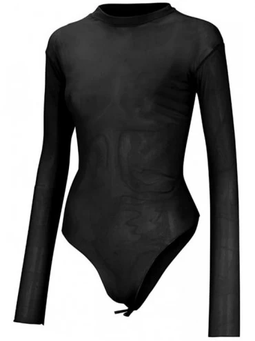 Shapewear Women's Sexy Sheer Mesh Turtleneck Neck See Through Leotard Bodysuit Body Tops Clubwear - Black - CX19459ISIH $14.25